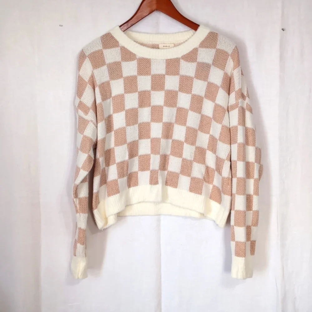Debut Tan White Checker Print Crewneck Cropped Sweater Oversized Size Small - Picture 1 of 4